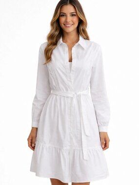 Nanette Lepore Belted White Long-Sleeve Button-Front Dress Size L NWT